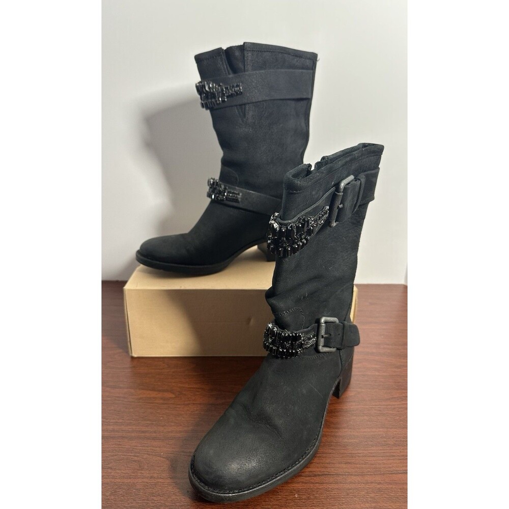 Vera Wang Lavender Label Uma Embellished Black Leather Moto Biker Boots Sz 7.5